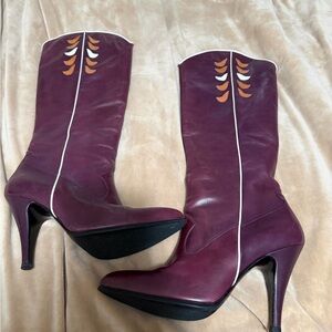 Western Burgundy Purple Burgundy High Heel Boots Leather Inlay Design Size 8